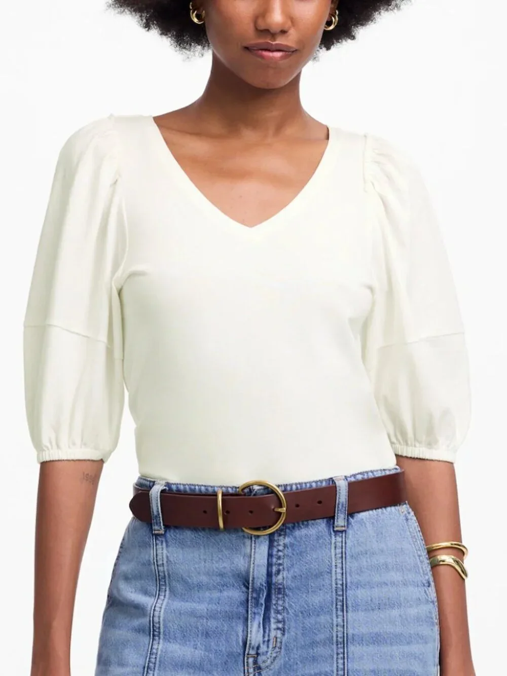 Madewell Puff Sleeve Relaxed Fit Cotton Jersey V-Neck Tee White Size S NWT